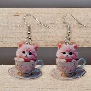 Pink Cat in Floral Teacup Acrylic Earrings